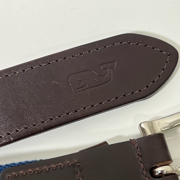 Vineyard Vines 42W Navy Knit Cotton Woven Belt Leather Accents Metal Clasp Prep - Picture 8 of 10
